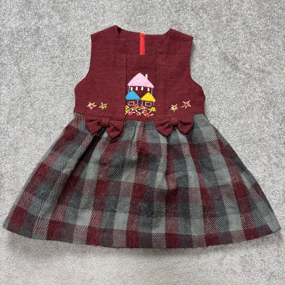 Toddler Girls Dress Tartan Embroidered Bow Red Gray House Flowers 4T